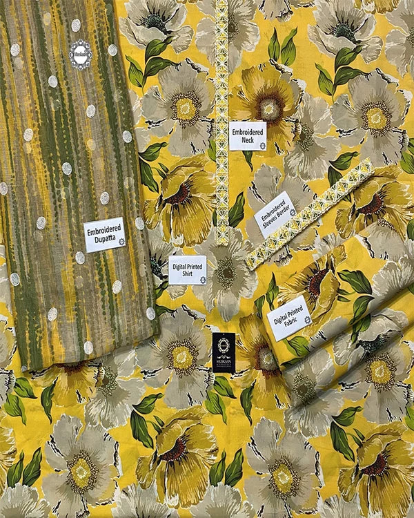 Baroque LEMON Embroidered & Printed Lawn 3 Piece Dress - A012