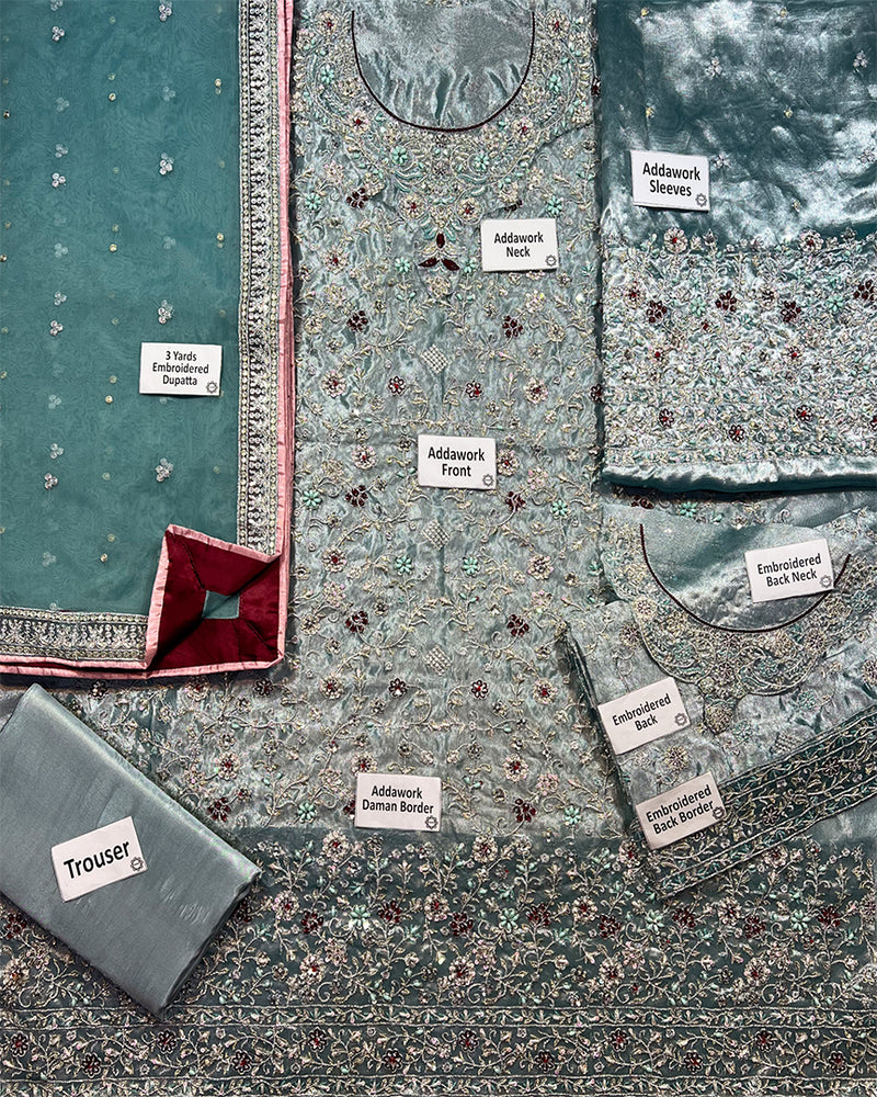Haris Shakeel Shafaq Aqua – Luxury Addawork Shimmer Wedding Formal Collection