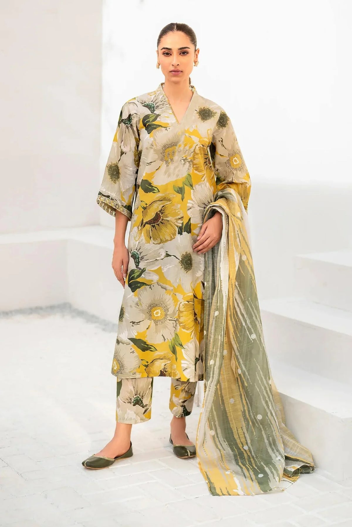 Baroque LEMON Embroidered & Printed Lawn 3 Piece Dress - A012