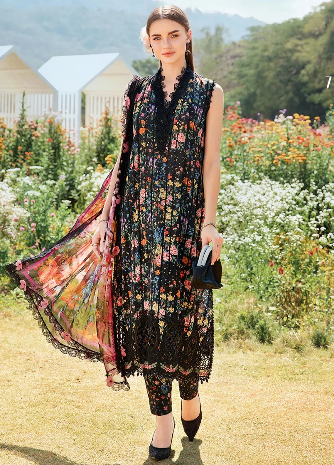 Maria B M Print Embroidered 3 Piece Dress A004
