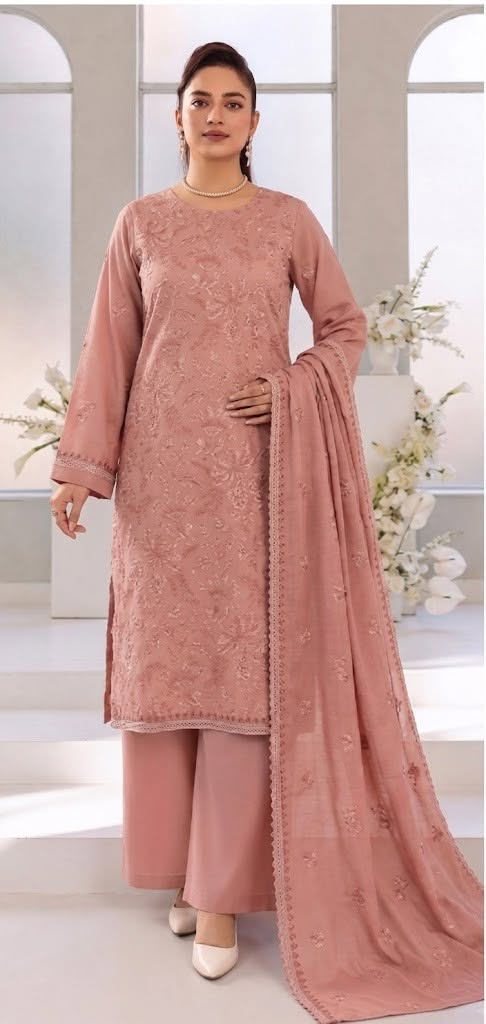 Luxury Embroidered Airjet Dhanak 3-Piece Suit – Dusty Rose - A025